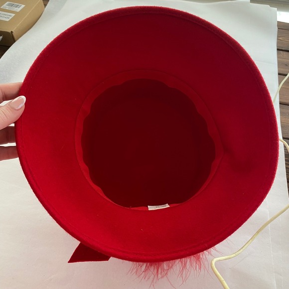Vintage 100% Wool Red & Purple Feather & Satin Bow Derby Tea Party Hat - Picture 7 of 10
